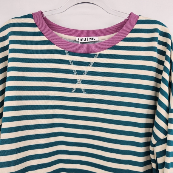 Amazon Classic Striped Oversized Crewneck Sweatshirt Womens Size 2XL NWT Green - Picture 2 of 7